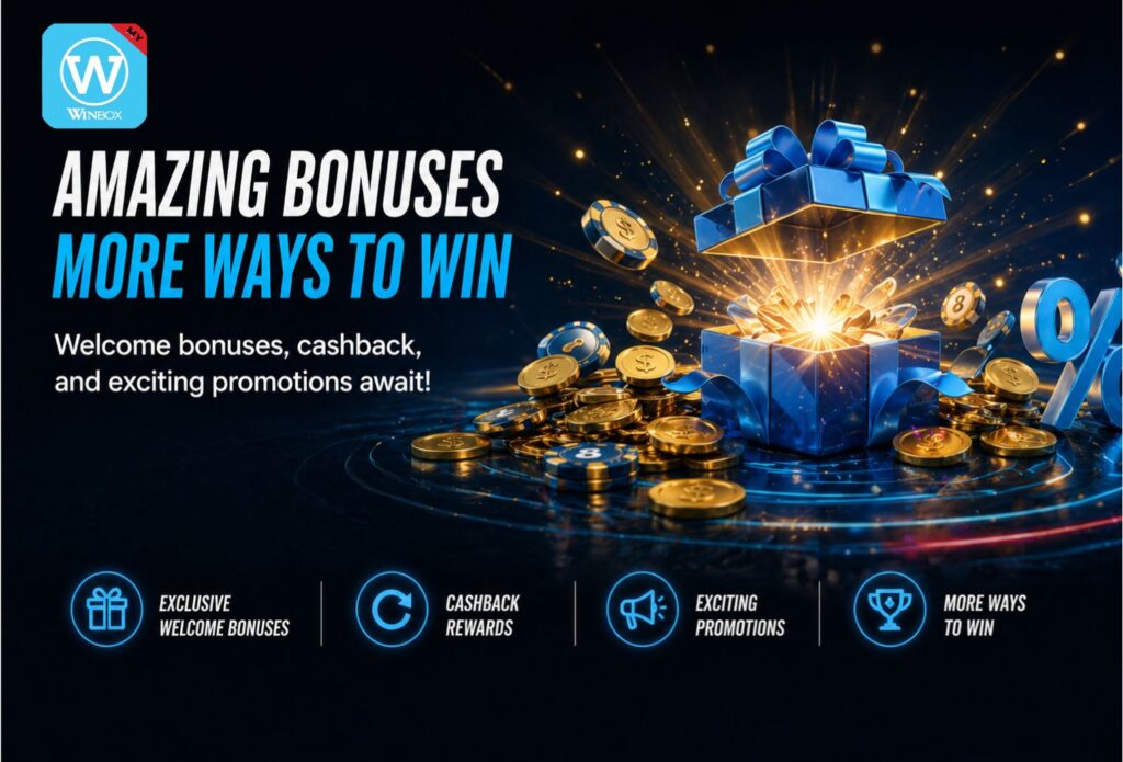 Guide to Official Winbox Download | APK and iOS Login 2026 8 Excited player receiving Winbox welcome bonus on smartphone with gold coins and glowing blue casino promotion effects.
