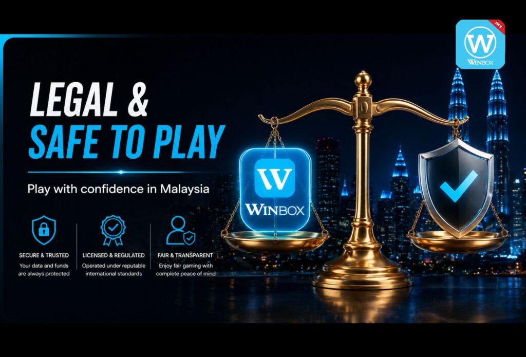 Guide to Official Winbox Download | APK and iOS Login 2026 1 Luxury online casino hero banner showing a Malaysian player using smartphone with glowing Winbox interface in blue, highlighting official Winbox download guide for mobile users.