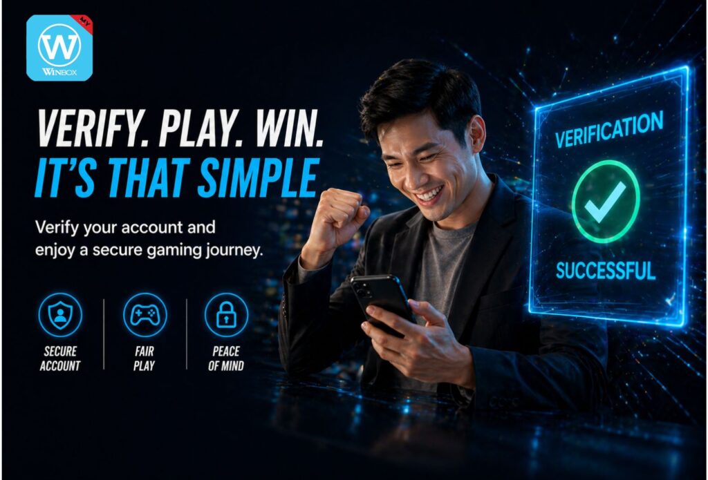 Guide to Official Winbox Download | APK and iOS Login 2026 5 Young Asian male completing Winbox registration form on smartphone with verification code screen and glowing blue casino interface.