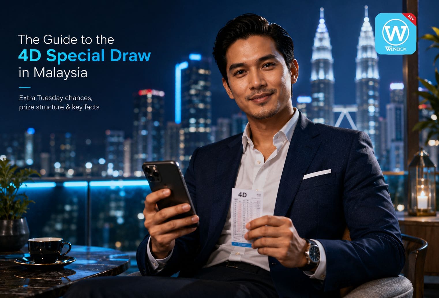 Premium guide image showing a Malaysian man with a 4D ticket and phone for the 4D special draw in Malaysia