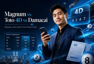 Magnum vs Toto 4D vs Damacai: Prize Odds & Payouts on Winbox 2 A stylish Malaysian adult holding a smartphone with a holographic 4D lottery panel, comparing Magnum, Toto 4D, and Damacai payouts in a premium digital lottery interface.