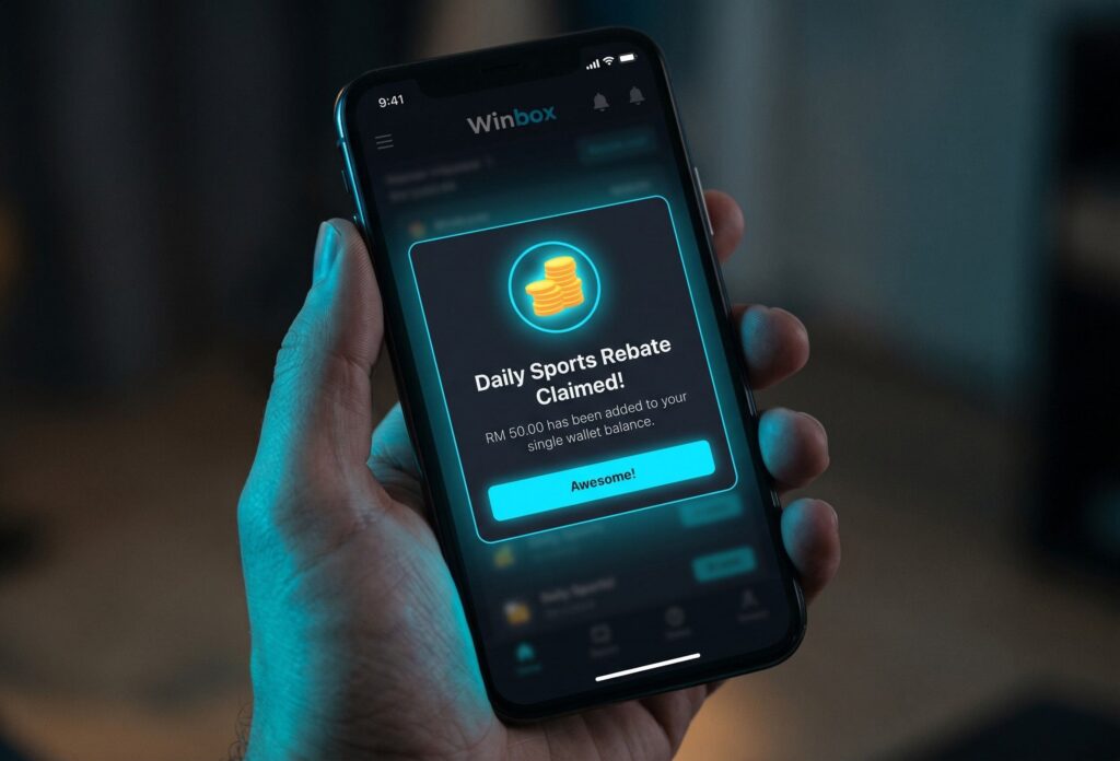 Sport Betting Malaysia 14 Close-up of a smartphone screen showing the dark-mode Winbox app interface with a notification confirming a daily sports rebate has been successfully claimed.