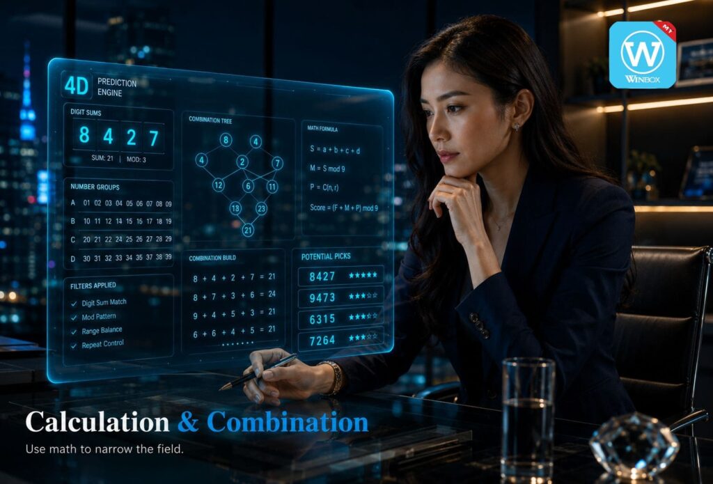 A business woman is reviewing 4D lottery probability and distribution data on a futuristic analytics dashboard