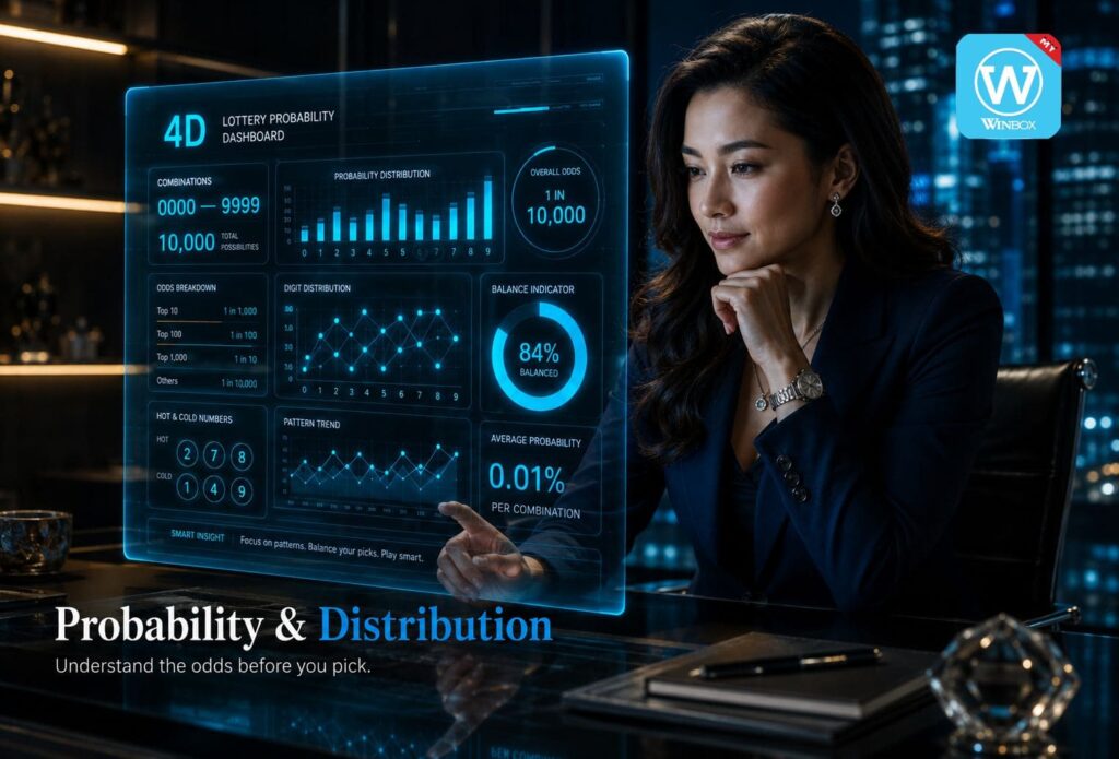Business woman reviewing 4D lottery probability and distribution data on a futuristic analytics dashboard