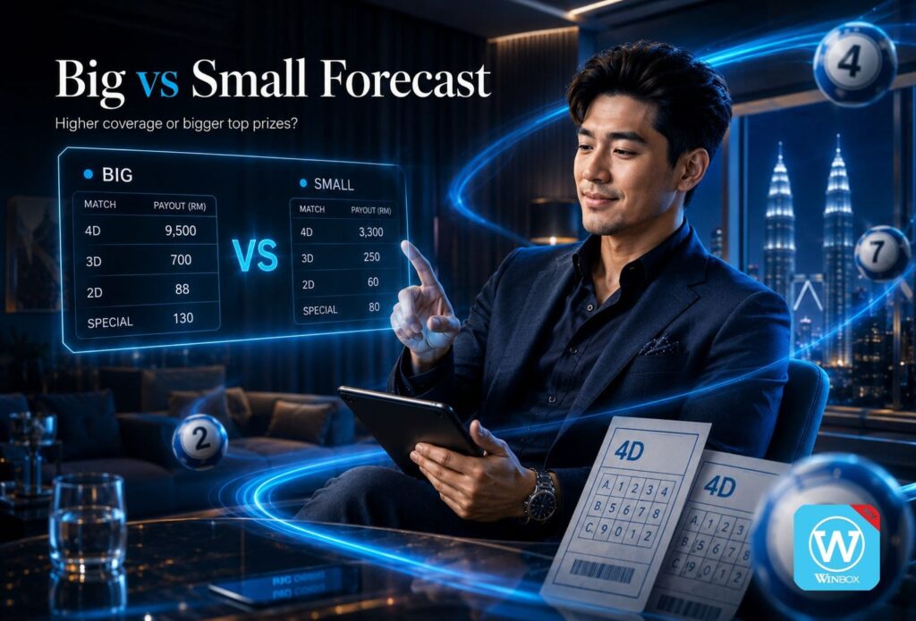 A stylish Malaysian man reviewing big and small forecast 4D payouts on a tablet, with premium futuristic UI and glowing lottery balls.