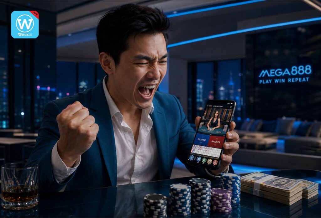 Live Casino Malaysia 25 Malaysian player celebrating a big live baccarat win on Winbox mobile casino