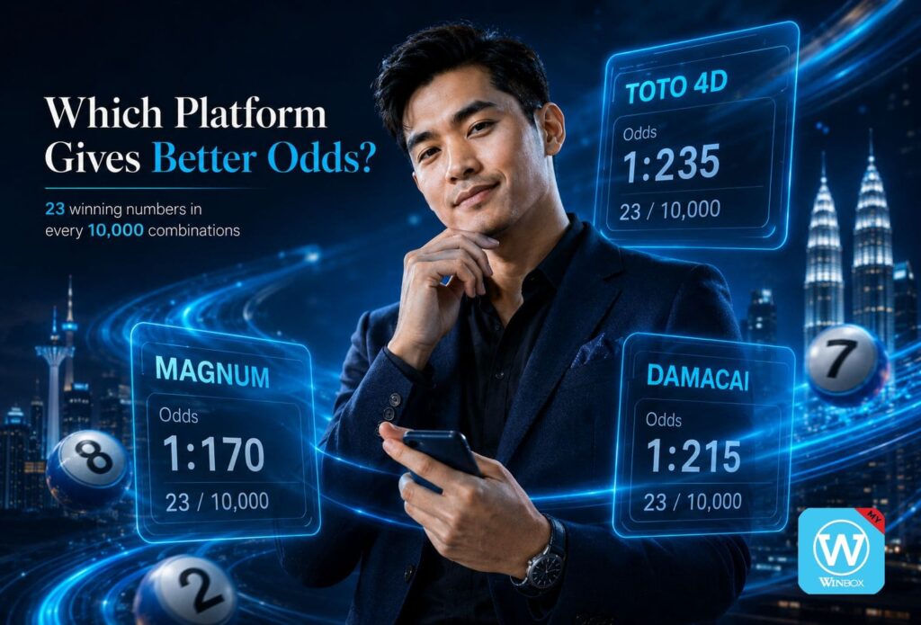 A professional Malaysian male comparing lottery odds for Magnum, Toto 4D, and Damacai with neon holographic panels, highlighting best winning chances.