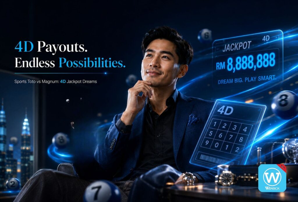 Malaysian man pointing at a holographic panel comparing big vs small 4D forecast prizes, with ticket slips and neon lottery numbers floating around.