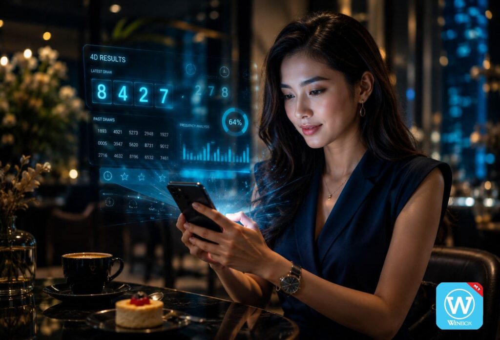 Woman checking latest 4D results online through a smartphone with glowing digital lottery dashboard