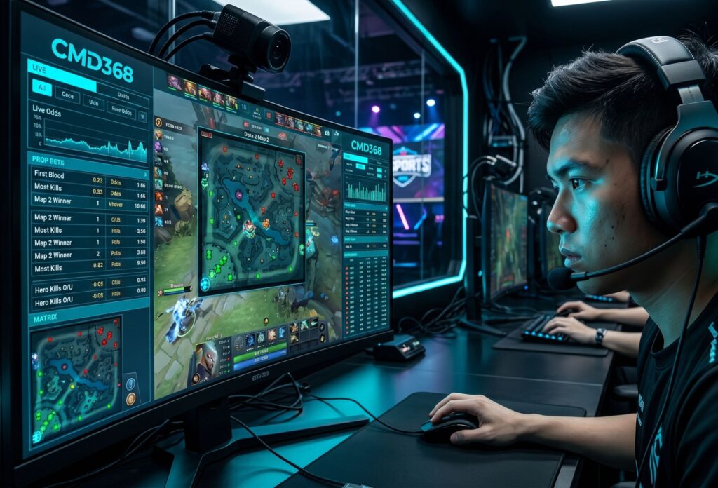 Sport Betting Malaysia 13 Focused eSports competitor with monitor displaying CMD368 live odds and unique prop bets for a Dota 2 tournament in Malaysia.