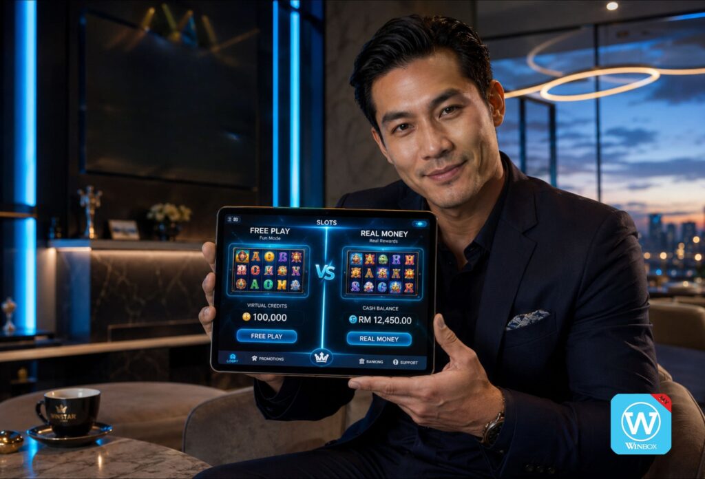 Free Slot Game vs. Real Money Slot: Which Online Casino Game Is Better? 1 Player comparing free slot game and real money slot on tablet in premium online casino setting