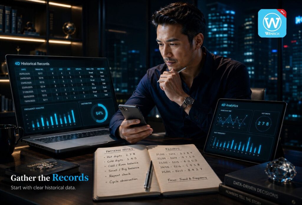 Man studying 4D historical records with laptop, notebook, smartphone, and frequency analysis charts