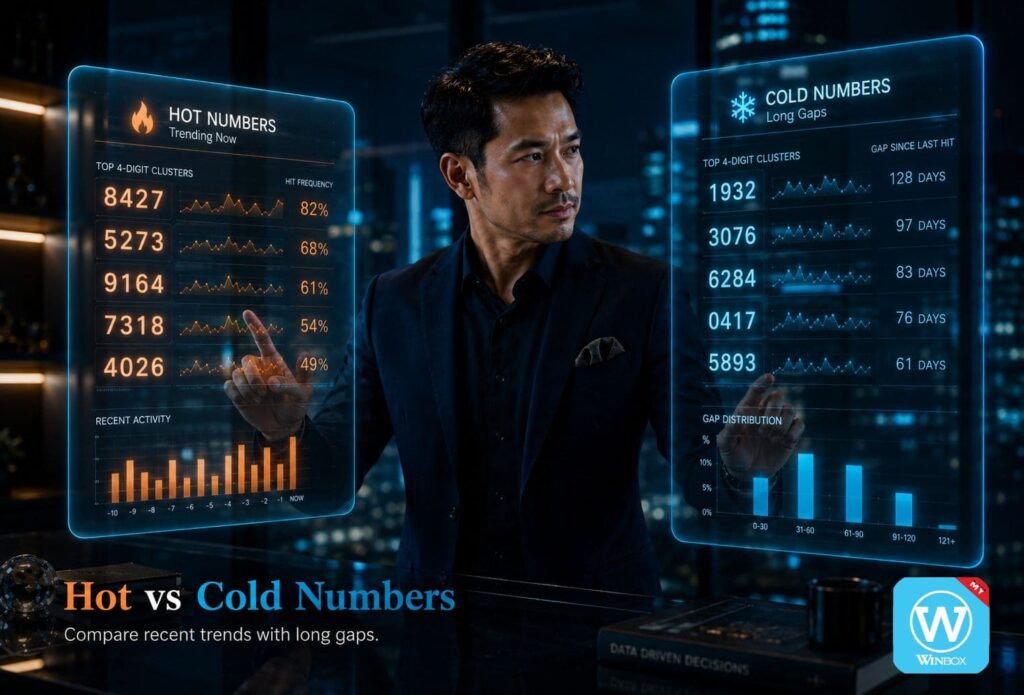 Man comparing hot and cold 4D numbers using luxury digital dashboards with trend and gap analysis