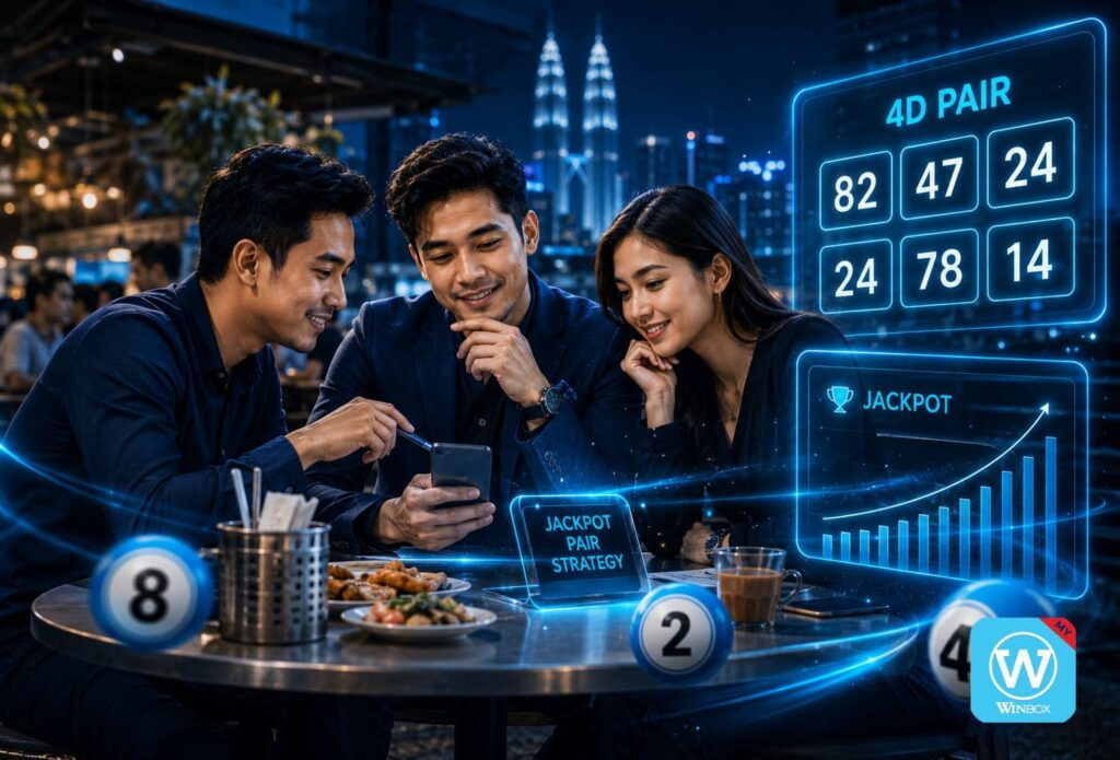 Three stylish Malaysian friends reviewing 4D lottery number pairs and jackpot strategy in a cafe, with neon holographic 4D pairs and growth chart overlays.