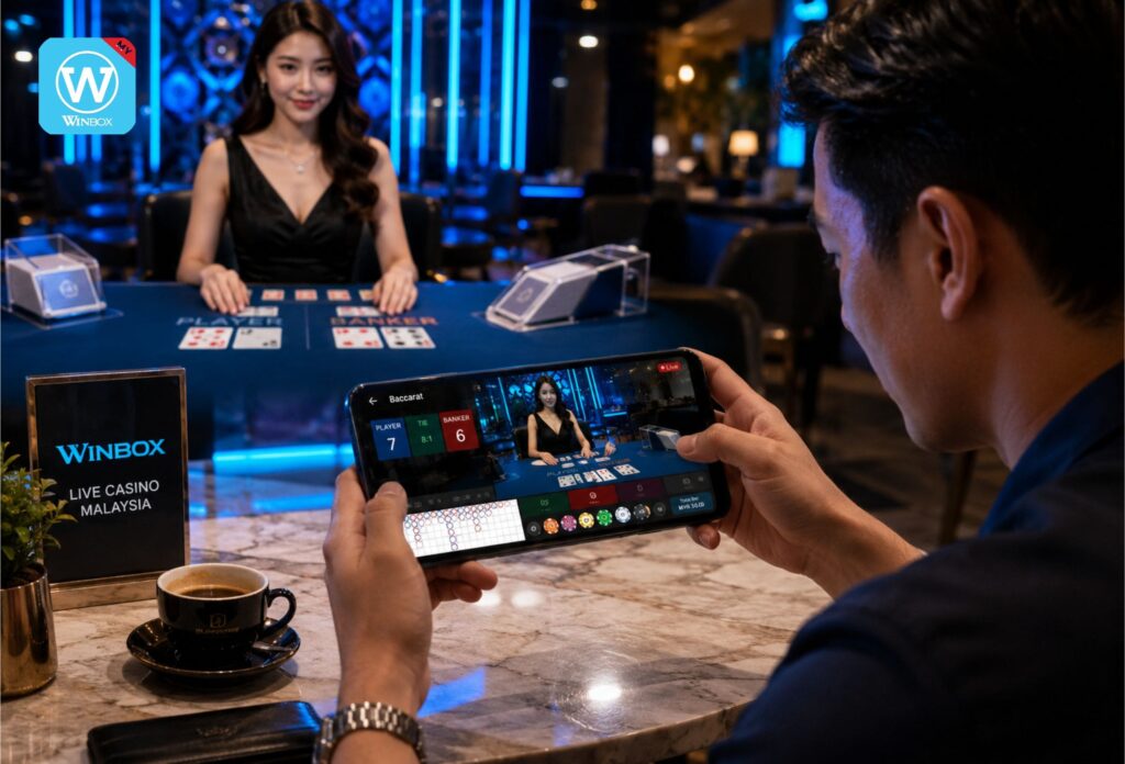 Live Casino Malaysia 16 Malaysian man playing live baccarat on Winbox casino with real female dealer in premium casino studio