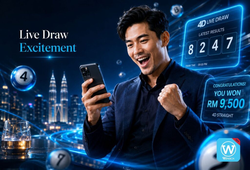 Excited Malaysian man celebrating a live 4D lottery draw win on a smartphone, with glowing floating numbers and jackpot display in a night city background.