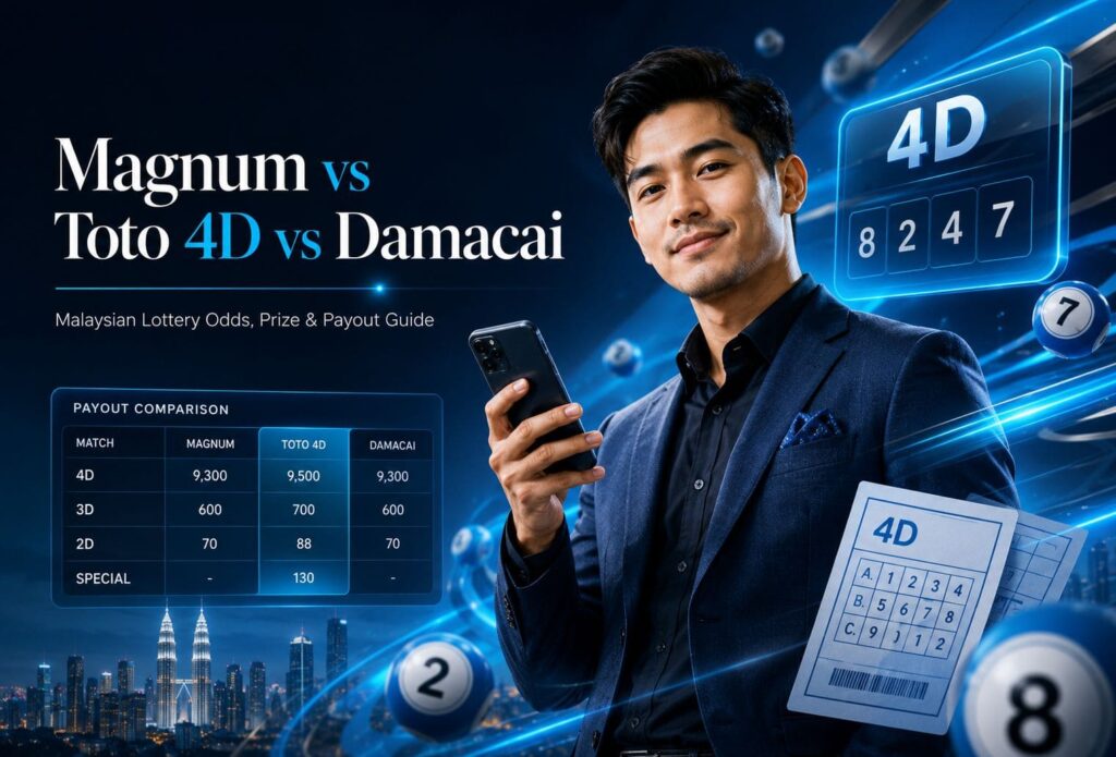 A stylish Malaysian adult holding a smartphone with a holographic 4D lottery panel, comparing Magnum vs Toto vs Damacai, payouts in a premium digital lottery interface.