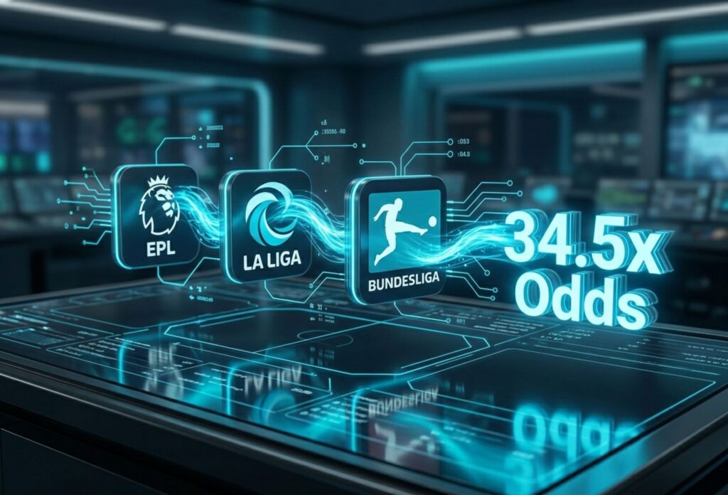Sport Betting Malaysia 15 3D visualization showing multiple football match icons connected by glowing blue data lines to a massive odds multiplier, explaining a Mix Parlay bet.