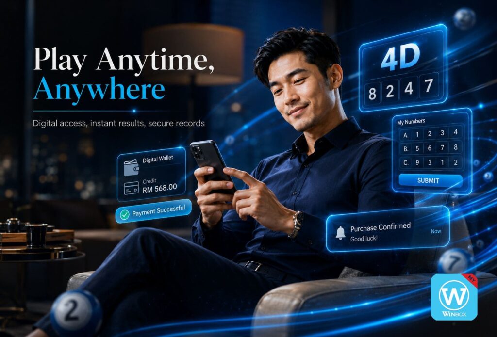 A Malaysian adult using a smartphone to play 4D lottery online, showing digital wallet, number entry, and instant results in a luxurious setting.