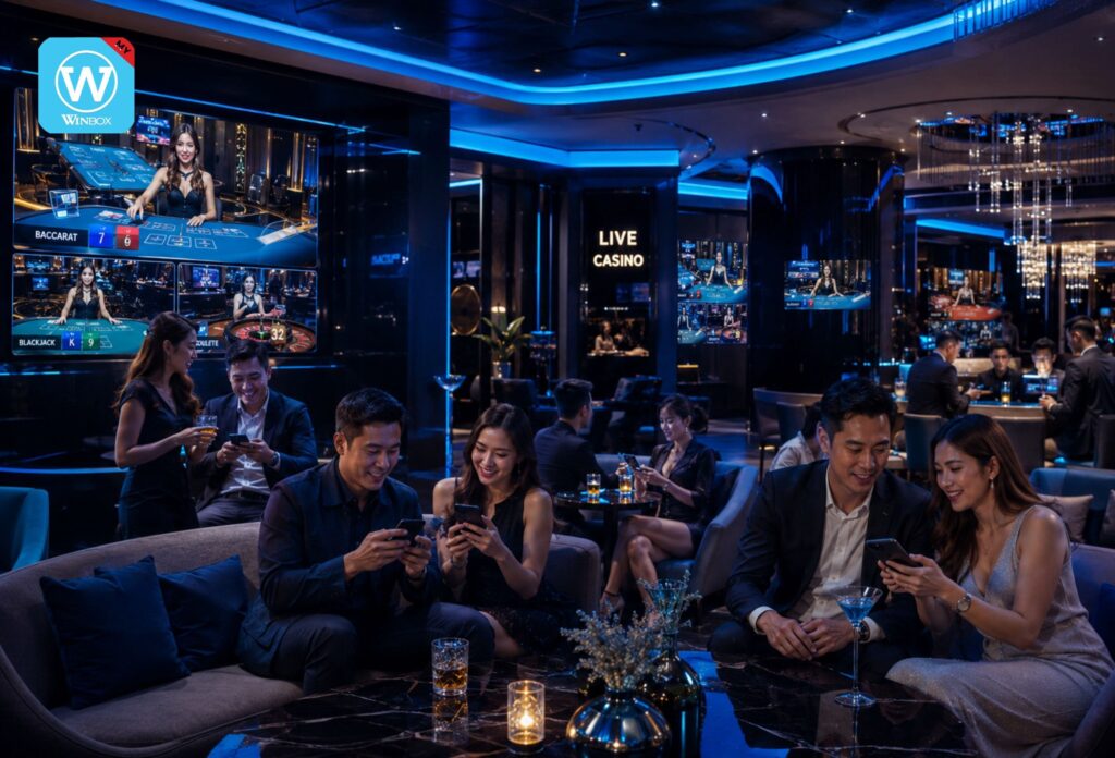 Live Casino Malaysia 22 Luxury live casino lounge with HD dealer tables and Malaysian players using smartphones
