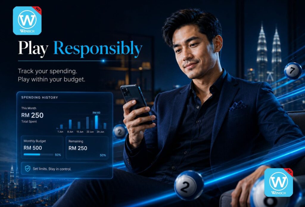A composed Malaysian adult checking lottery spending history and budget on a smartphone, with a digital dashboard and 4D balls in the background.