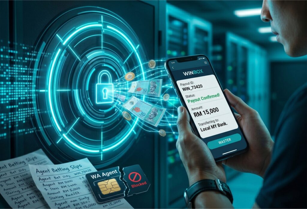 Sport Betting Malaysia 12 Glowing cyan digital vault interface symbolizing secure and guaranteed withdrawals from Winbox to Malaysian local bank accounts.