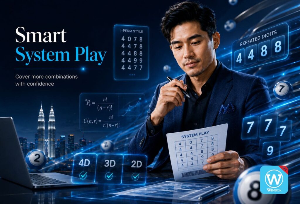 A focused Malaysian man analyzing system play lottery strategies with i-Perm combinations, repeated digits, and combinatorial calculations, in a neon tech setting.
