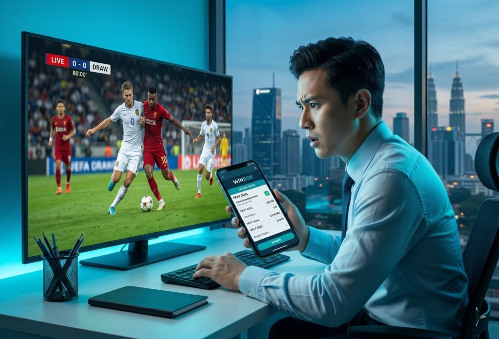 Sport Betting Malaysia 9 A Malaysian man intensely watches a live football match draw on TV while checking a Winbox sport betting malaysia betting slip on his smartphone.
