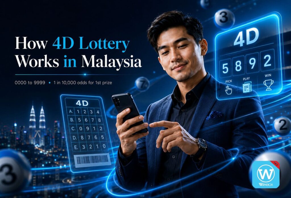 A confident Malaysian man checking 4D lottery jackpots on a smartphone, surrounded by glowing numbers and futuristic UI, representing Sports Toto vs Magnum 4D payouts.