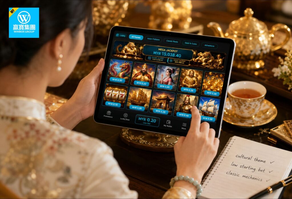 918Kiss vs Winbox: A Comparison for Malaysian Online Casino Apps 5 Chinese Malaysian woman browsing Asian folklore themed slot games and classic reel titles on a tablet