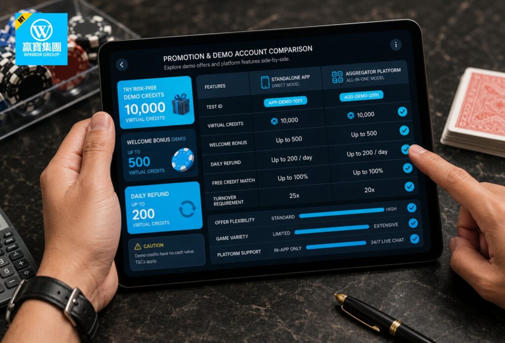 918Kiss vs Winbox: A Comparison for Malaysian Online Casino Apps 9 Tablet showing promotion and demo account comparison with virtual credits, bonuses, and turnover requirements
