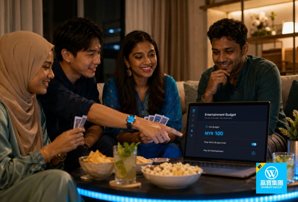 Diverse Malaysian friends treating gambling as entertainment with a fixed MYR fun budget