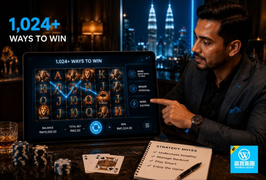 Lion King Slot Strategy: Play Online Slot Guide By Winbox 2 lion king slot strategy - Indian Malaysian man pointing at tablet displaying generic 1024 ways to win slot grid with blue highlights