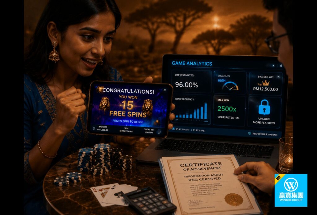 Lion King Slot Strategy: Play Online Slot Guide By Winbox 1 Indian Malaysian woman excited at phone showing free spins bonus round with blue UI glow