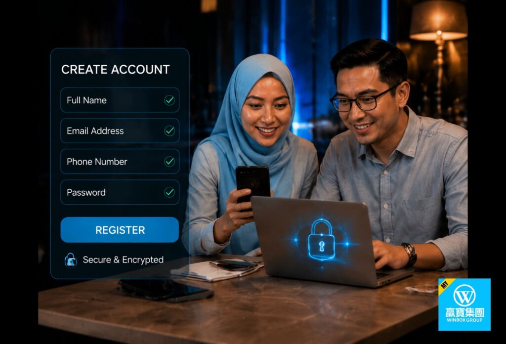 Lion King Slot Strategy: Play Online Slot Guide By Winbox 3 Malay woman and Chinese Malaysian man registering on smartphone and laptop with secure padlock icons, blue UI glow