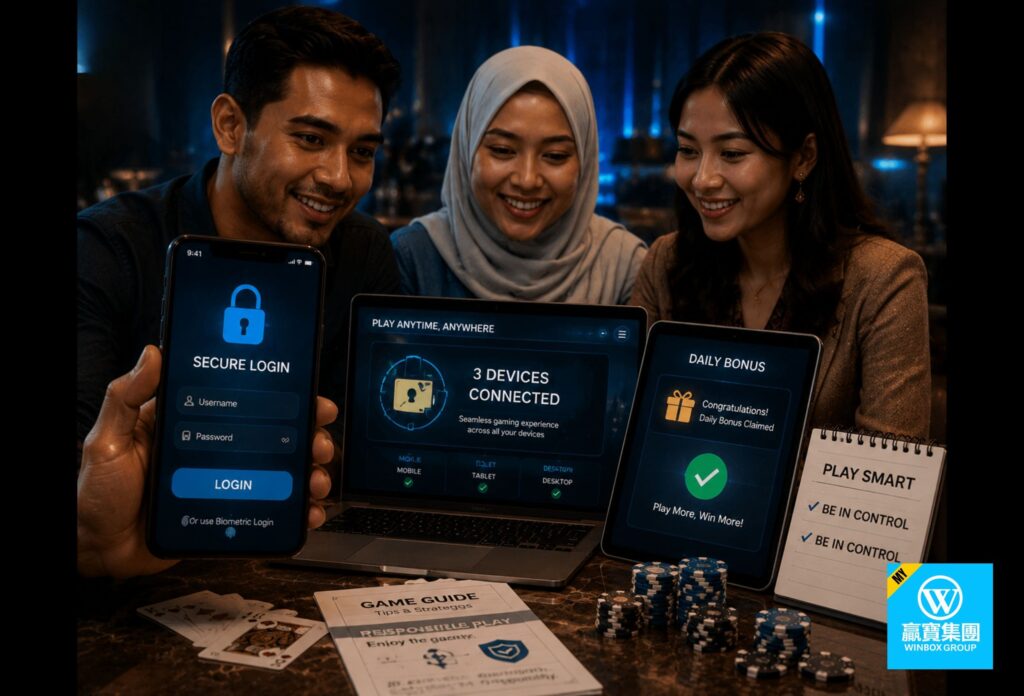 Lion King Slot Strategy: Play Online Slot Guide By Winbox 6 Group of Malaysian adults using mobile and tablet to access secure slot login with padlock icons and blue accents