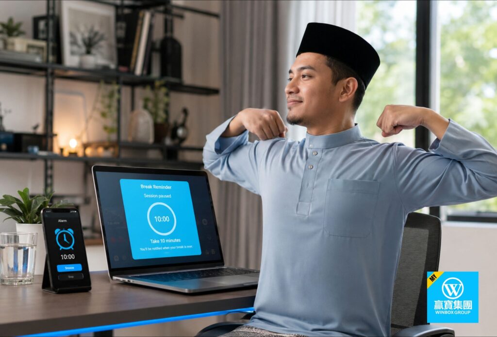 Malay man taking a healthy break from online casino play with a session reminder on screen