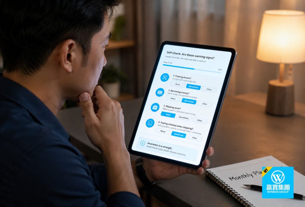 Malaysian player reviewing problem gambling warning signs on a self-check tablet