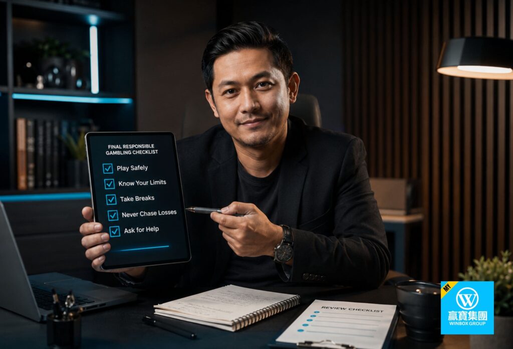 Malaysian reviewer presenting responsible gambling checklist with safe play tips and completed checkmarks