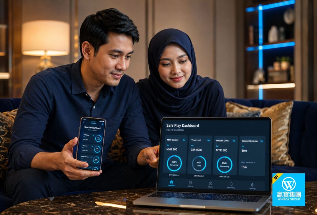 Malaysian couple reviewing a safe play dashboard with budget, time limit, and deposit limit controls