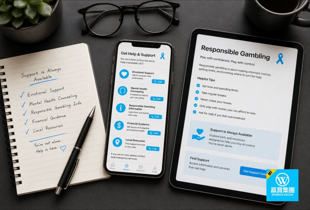 Desk setup showing responsible gambling support resources, help options, and safety tips
