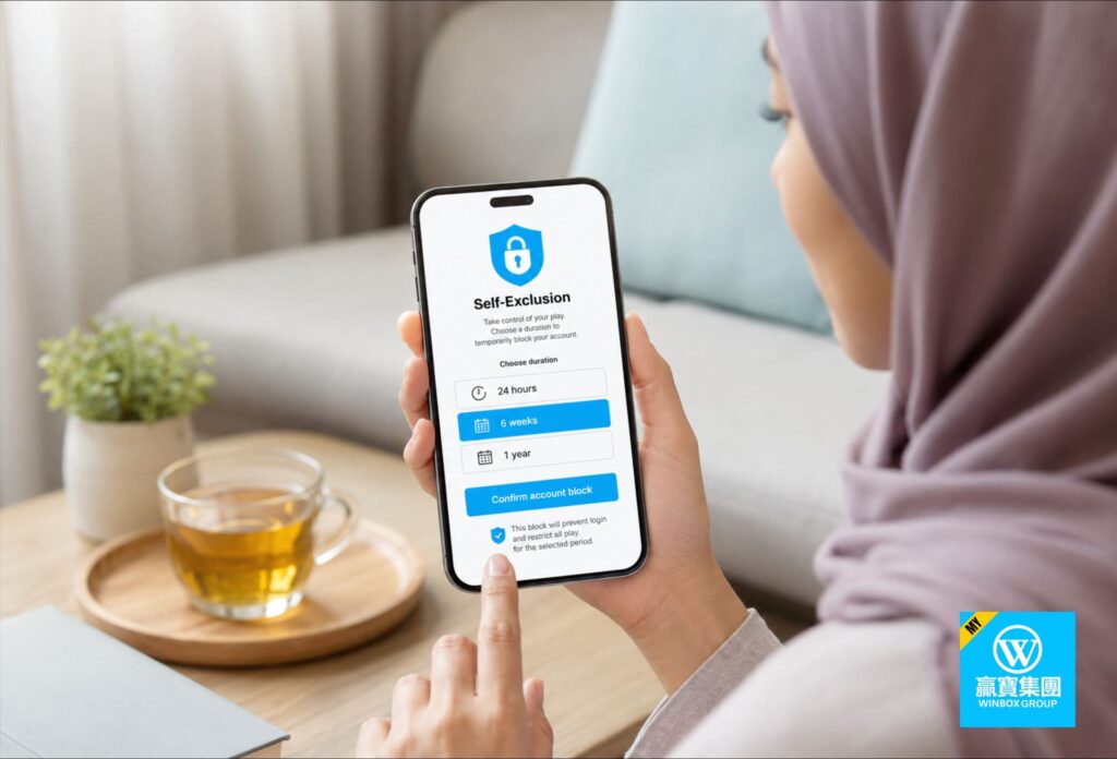 Malaysian woman activating a self-exclusion account block tool for safer online gambling