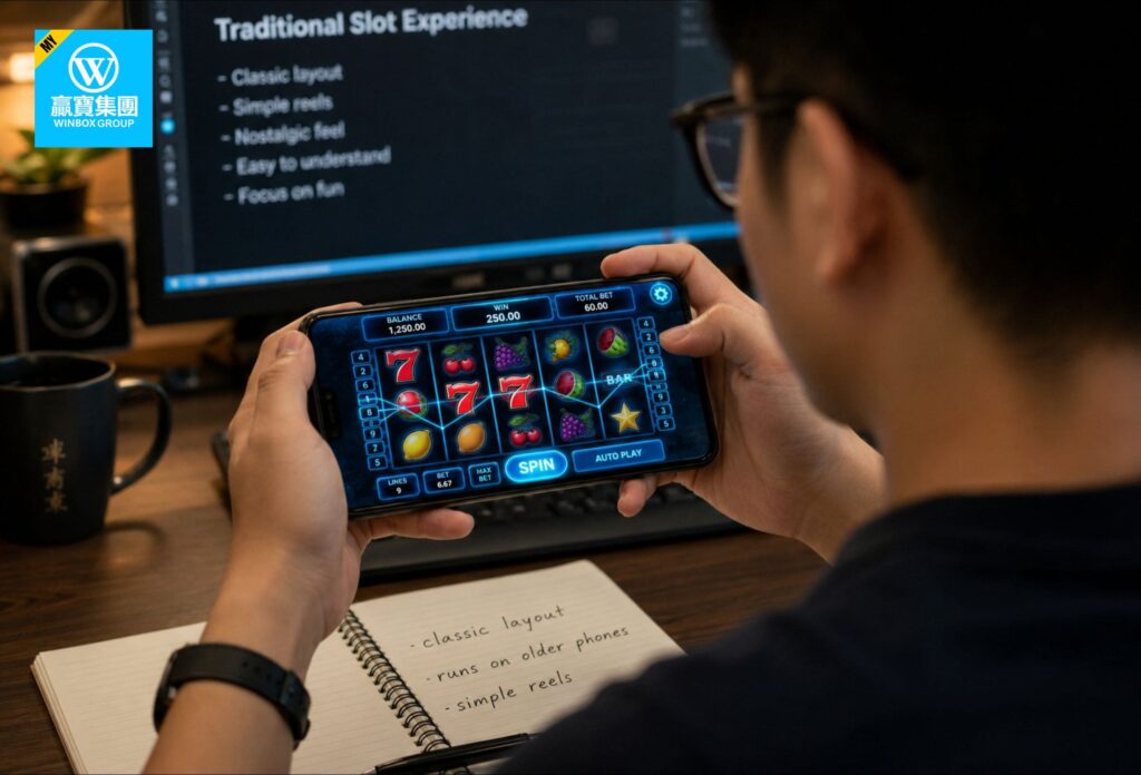 918Kiss vs Winbox: A Comparison for Malaysian Online Casino Apps 6 Chinese Malaysian player using a classic mobile slot app with traditional reels and payline highlights