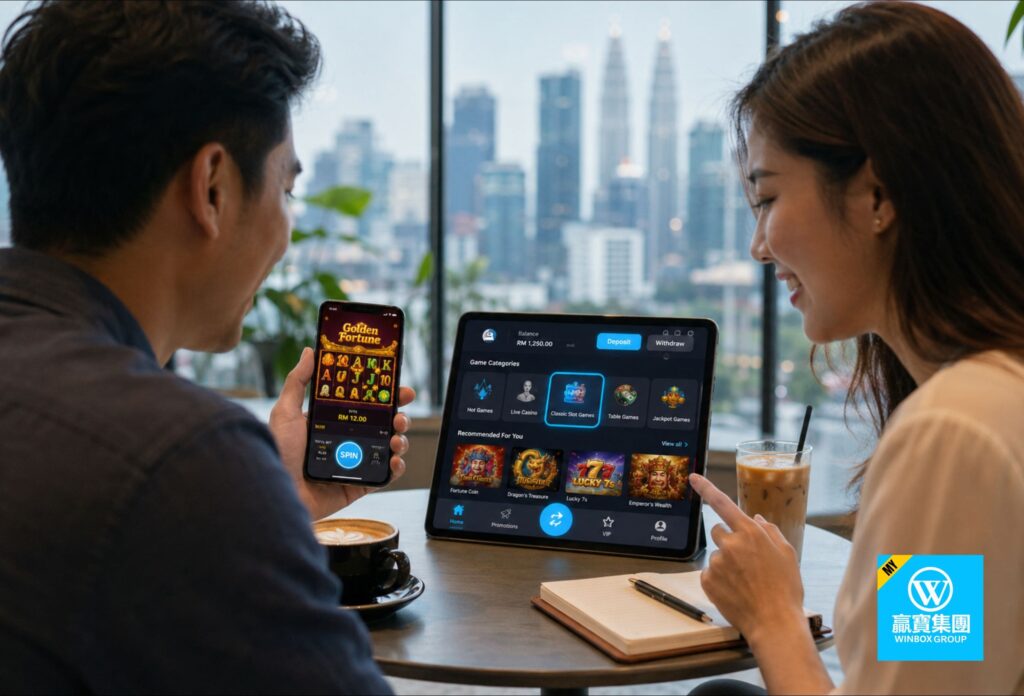918Kiss vs Winbox: A Comparison for Malaysian Online Casino Apps 1 918Kiss vs Winbox - A Comparison for Malaysian Online Casino Apps- Malaysian adults comparing standalone classic slot app with aggregator casino wallet interface in a café