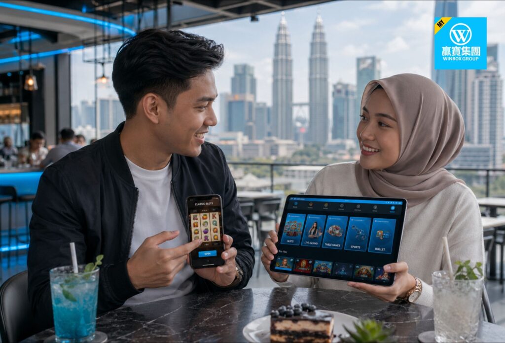 Malaysian adults in Kuala Lumpur café comparing classic slot app and full casino hub interface