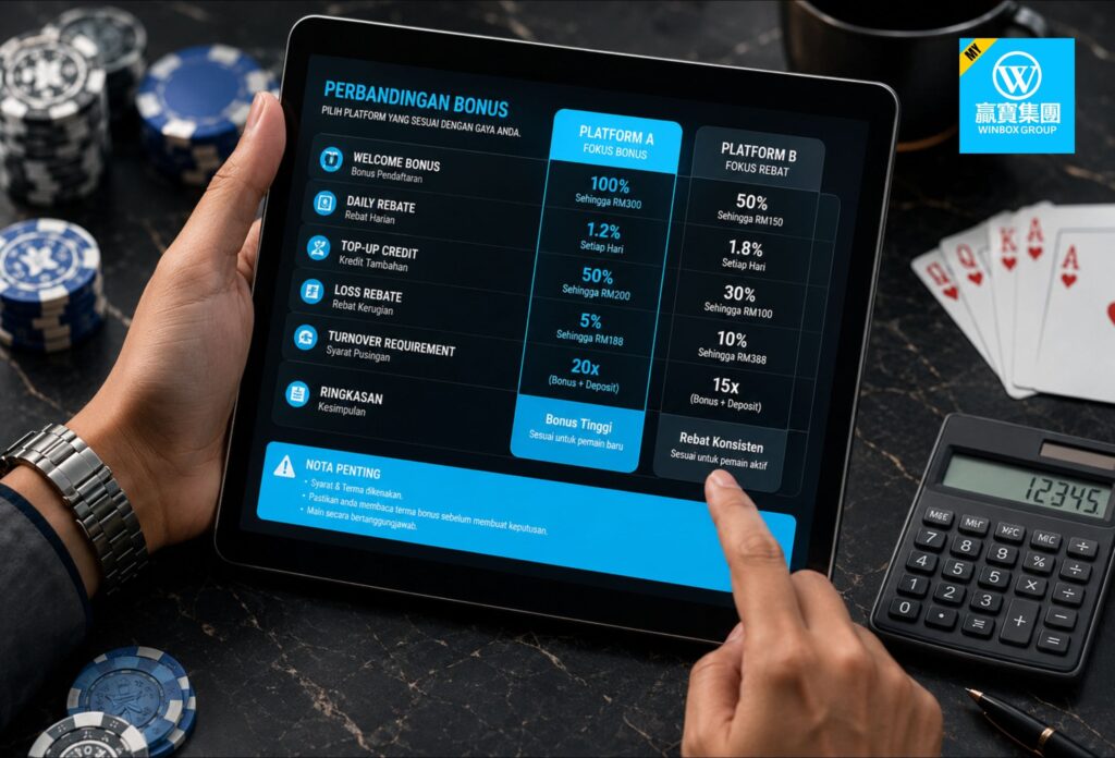 Tablet displaying online casino bonus comparison with welcome bonus, rebates, and turnover requirements