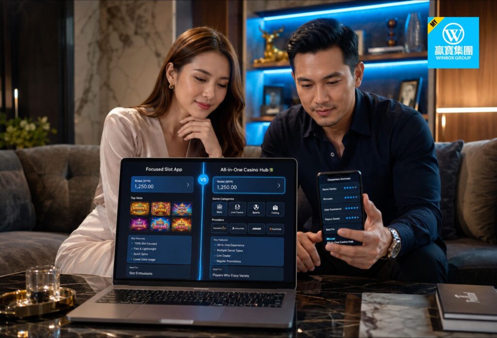 Malaysian couple comparing focused slot app and all-in-one casino hub on laptop and smartphone