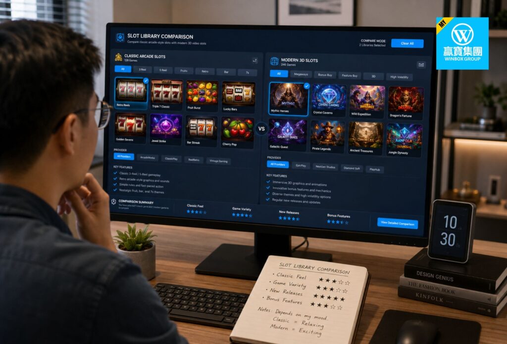 Chinese Malaysian player comparing classic arcade slots and modern multi-provider slot games on desktop monitor