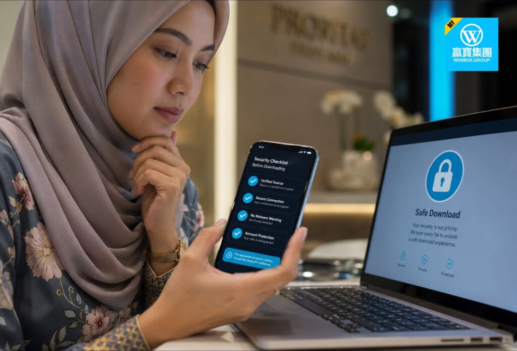 Malay woman checking verified source, secure connection, and account protection before downloading casino app