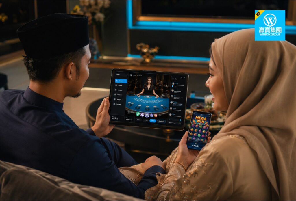 Malay couple comparing live casino table games on tablet with classic slot app on smartphone